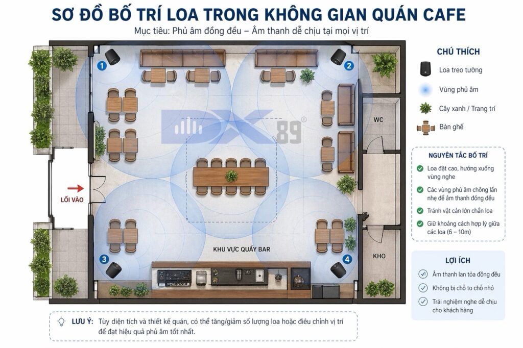 Sơ đồ bố trí loa trong không gian quán cafe