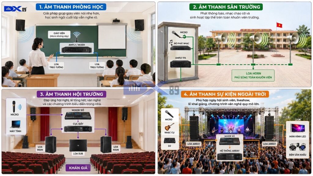 4 sơ đồ giải pháp âm thanh trường học theo không gian